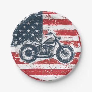 Freedom Ride: Retro Motorcycle and American Flag  Paper Plate