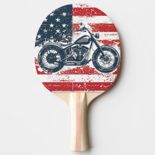 Freedom Ride: Retro Motorcycle and American Flag Ping Pong Paddle