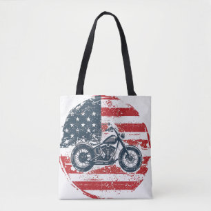 Freedom Ride: Retro Motorcycle and American Flag Tote Bag