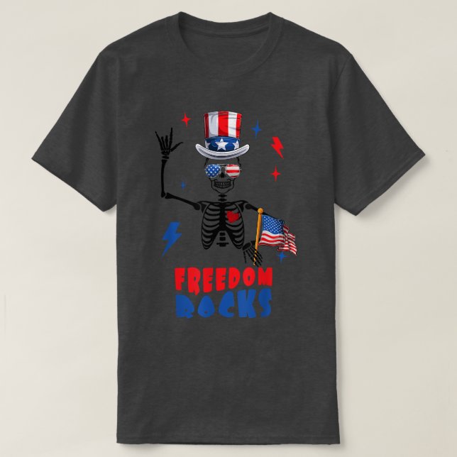 Freedom Rocks, Skeleton 4th of July, Retro 4th of  T-Shirt (Design Front)
