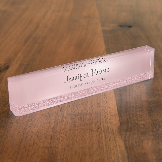 Freehand Script Rose Gold Glitter Classy Template Nameplate (Side)