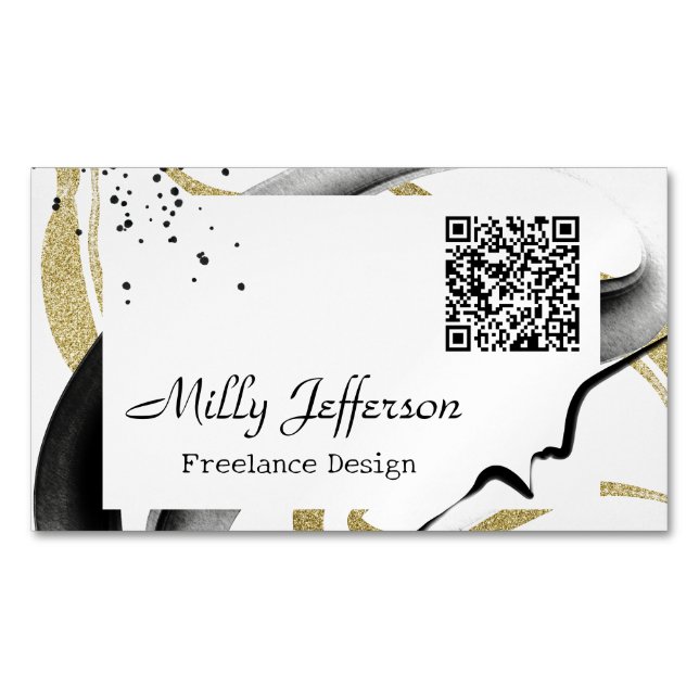Freelance Design Abstract QR Code Gold Black  Magnetic Business Card (Front)