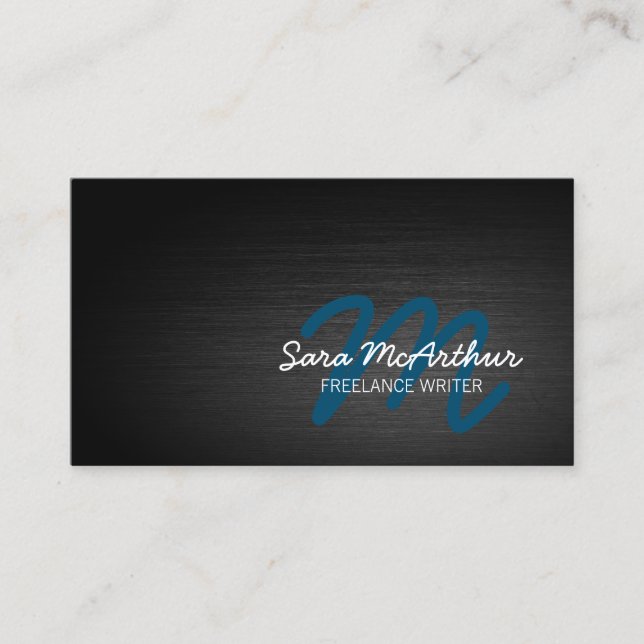 Freelance Writer Dark Metal Cursive Monogram Business Card (Front)