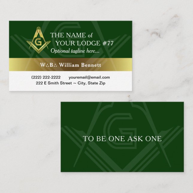 Freemason Green and Gold Masonic Business Card (Front/Back)