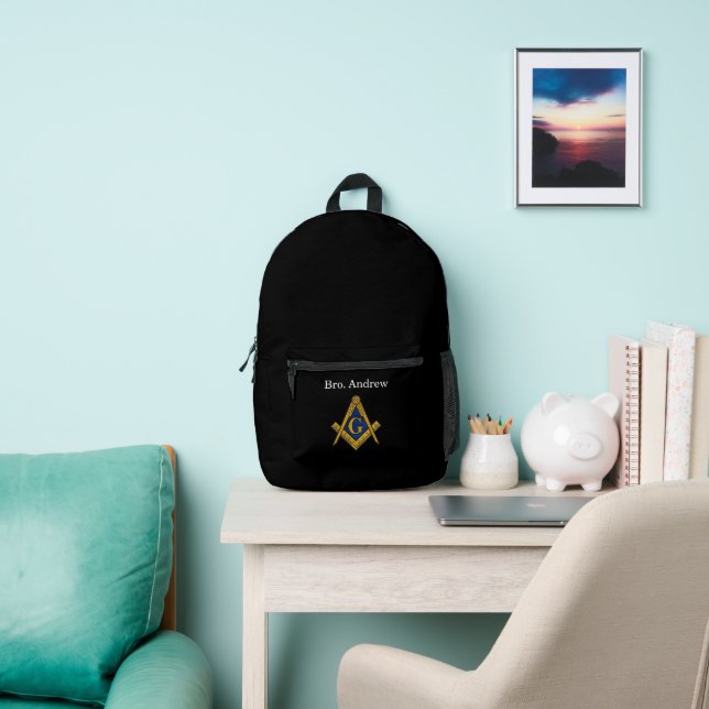 Freemason Masonic Black Square Compass Printed Backpack (Insitu)