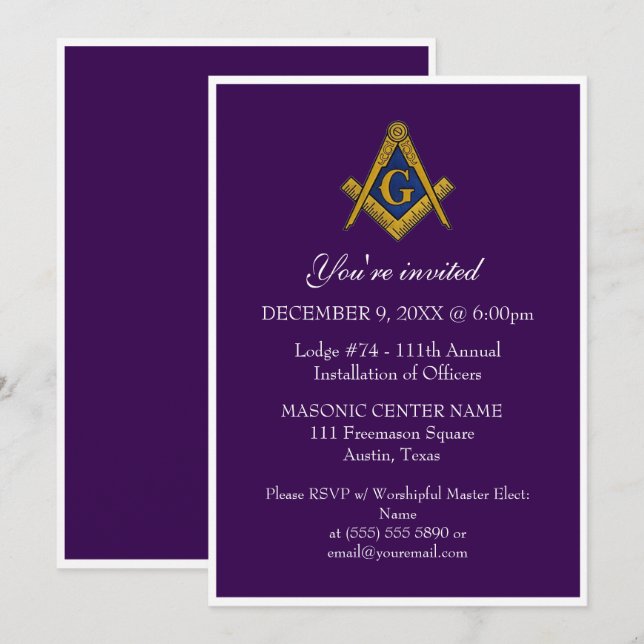 Freemason Masonry Black Masonic Purple Invitation (Front/Back)