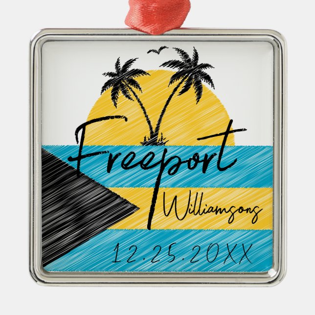 Freeport Bahamas Flag Palm Tree Sunset Souvenirs Metal Tree Decoration (Front)