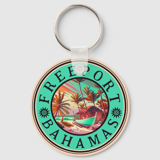 Freeport Bahamas Retro Sunset Travel Souvenir 50s Key Ring (Front)