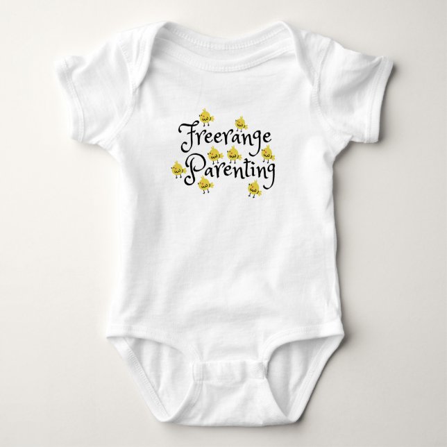 Freerange parenting with yellow chicks everywhere  baby bodysuit (Front)