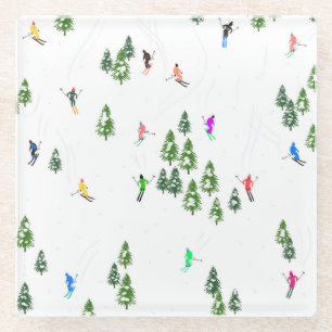 Freeride Alpine Skiers Skiing Illustration Party   Glass Coaster