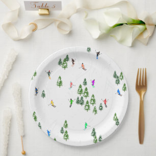 Freeride Alpine Skiers Skiing Illustration Party  Paper Plate