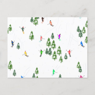 Freeride Alpine Skiers Skiing Illustration Party Postcard