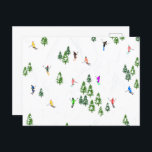 Freeride Alpine Skiers Skiing Illustration Party   Postcard<br><div class="desc">Cool winter themed skier pattern design with skiers skiing down alpine ski resort slopes among snow covered fir trees in alps. Freeride skiers are wearing colourful vintage retro ski suits, skiing downhill with skis on a white snowy mountain landscape background. Wonderful winter sport fun gift for a skier in your...</div>