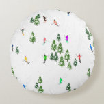 Freeride Alpine Skiers Skiing Illustration Party  Round Cushion<br><div class="desc">Cool winter themed skier pattern design with skiers skiing down alpine ski resort slopes among snow covered fir trees in alps. Freeride skiers are wearing colourful vintage retro ski suits, skiing downhill with skis on a white snowy mountain landscape background. Wonderful winter sport fun gift for a skier in your...</div>