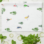 Freeride Alpine Skiers Skiing Illustration Party   Tea Towel<br><div class="desc">Cool winter themed skier pattern design with skiers skiing down alpine ski resort slopes among snow covered fir trees in alps. Freeride skiers are wearing colourful vintage retro ski suits, skiing downhill with skis on a white snowy mountain landscape background. Wonderful winter sport fun gift for a skier in your...</div>