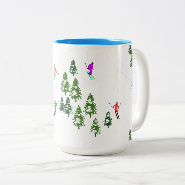 Freeride Alpine Skiers Skiing Illustration Party   Two-Tone Coffee Mug (Front Right)
