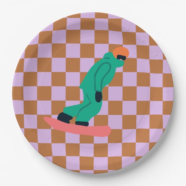 Freeride Snowboarder Green Suit Chequered  Paper Plate (Front)