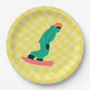 Freeride Snowboarder Green Suit Chequered Yellow Paper Plate