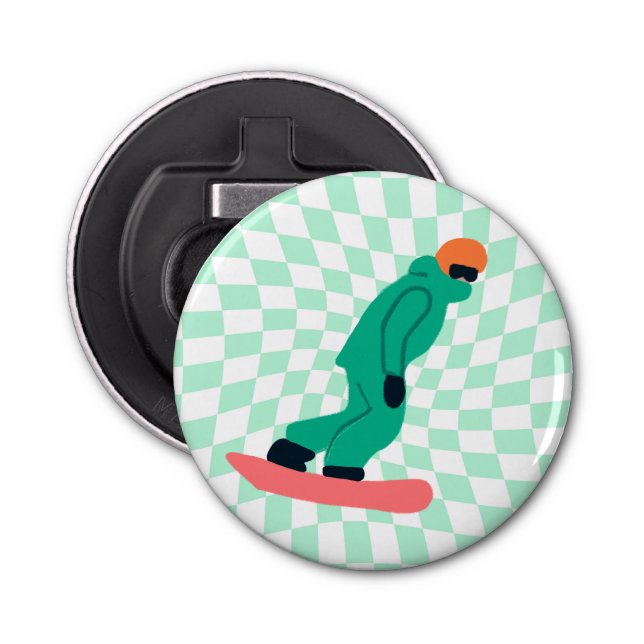 Freeride Snowboarder In Green Suit Chequered   Bottle Opener (Front)