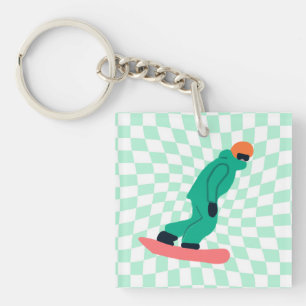 Freeride Snowboarder In Green Suit Chequered Key Ring