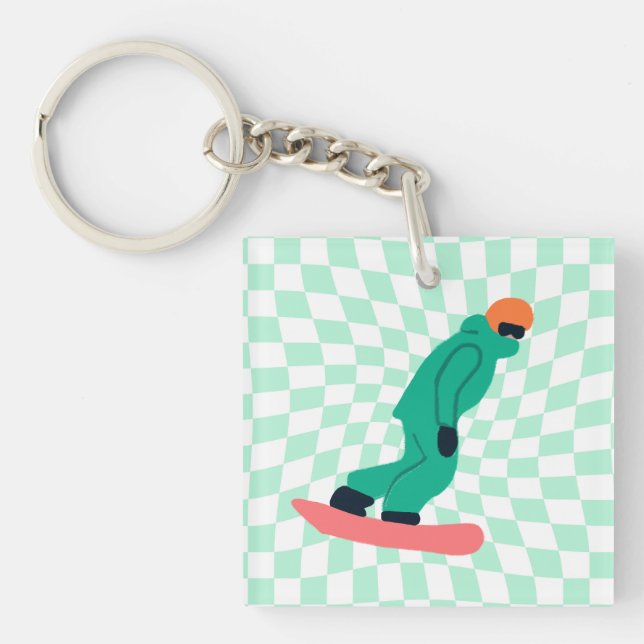 Freeride Snowboarder In Green Suit Chequered    Key Ring (Front)