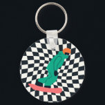 Freeride Snowboarder In Green Suit Chequered    Key Ring<br><div class="desc">Cool whimsical illustration art of colourful snowboarders,  snowboarding downhill in mountains,  on fresh snow powder. Snowboard and Xmas outdoor sport. Snowboarder gifts. Snowboarding team gifts. Retro warped checks chequered snowboarding.</div>