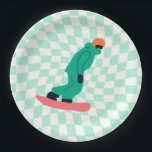 Freeride Snowboarder In Green Suit Chequered Mint Paper Plate<br><div class="desc">Cool whimsical illustration art of colourful snowboarders,  snowboarding downhill in mountains,  on fresh snow powder. Snowboard and Xmas outdoor sport. Snowboarder gifts. Snowboarding team gifts. Retro warped checks chequered snowboarding.</div>