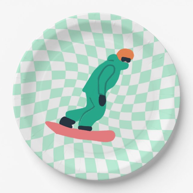 Freeride Snowboarder In Green Suit Chequered Mint Paper Plate (Front)