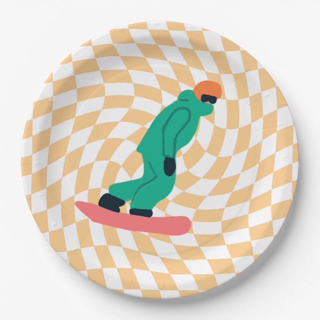 Freeride Snowboarder In Green Suit Chequered    Paper Plate (Front)