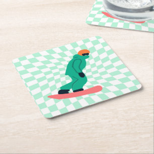 Freeride Snowboarder In Green Suit Chequered    Square Paper Coaster