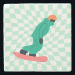 Freeride Snowboarder In Green Suit Chequered   Stone Coaster<br><div class="desc">Cool whimsical illustration art of colourful snowboarders,  snowboarding downhill in mountains,  on fresh snow powder. Snowboard and Xmas outdoor sport. Snowboarder gifts. Snowboarding team gifts. Retro warped checks chequered snowboarding.</div>