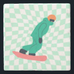 Freeride Snowboarder In Green Suit Chequered   Stone Coaster<br><div class="desc">Cool whimsical illustration art of colourful snowboarders,  snowboarding downhill in mountains,  on fresh snow powder. Snowboard and Xmas outdoor sport. Snowboarder gifts. Snowboarding team gifts. Retro warped checks chequered snowboarding.</div>