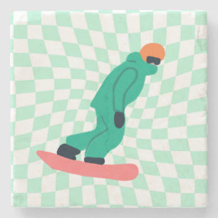 Freeride Snowboarder In Green Suit Chequered   Stone Coaster