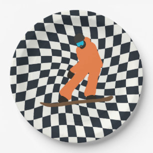 Freeride Snowboarder In Orange Suit Checkered Paper Plate