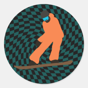 Freeride Snowboarder In Orange Suit Chequered Classic Round Sticker