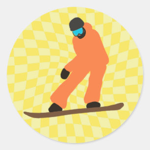 Freeride Snowboarder In Orange Suit Chequered   Classic Round Sticker