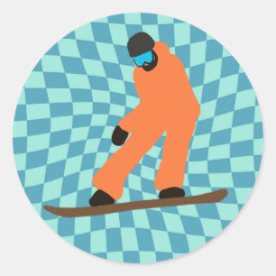 Freeride Snowboarder In Orange Suit Chequered  Classic Round Sticker