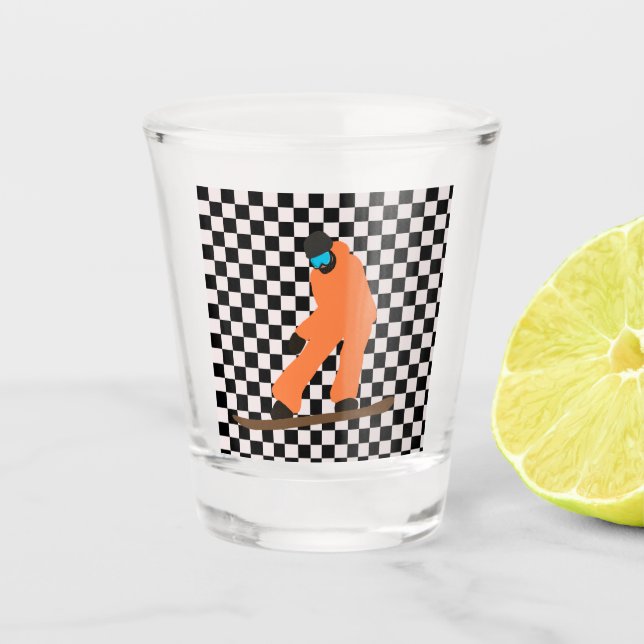 Freeride Snowboarder Orange Suit Chequered Shot Glass (Front)