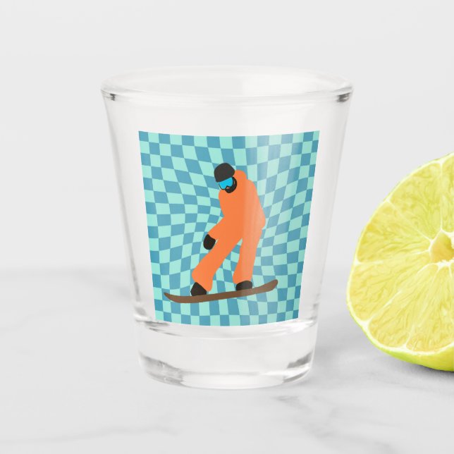 Freeride Snowboarder Orange Suit Chequered  Shot Glass (Front)