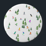 Freeride Snowboarder Snowboarding Illustration   10 Cm Round Badge<br><div class="desc">Cool whimsical illustration art of colourful snowboarders,  snowboarding downhill in mountains among pine,  spruce,  fir trees on fresh snow powder. Snowboard and xmas outdoor sport in a winter forest. Snowboarder gifts. Snowboarding Christmas decor.</div>
