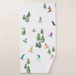 Freeride Snowboarder Snowboarding Illustration  Bath Towel<br><div class="desc">Cool whimsical illustration art of colourful snowboarders,  snowboarding downhill in mountains among pine,  spruce,  fir trees on fresh snow powder. Snowboard and xmas outdoor sport in a winter forest. Snowboarder gifts. Snowboarding Christmas decor.</div>