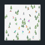Freeride Snowboarder Snowboarding Illustration  Magnet<br><div class="desc">Cool whimsical illustration art of colourful snowboarders,  snowboarding downhill in mountains among pine,  spruce,  fir trees on fresh snow powder. Snowboard and xmas outdoor sport in a winter forest. Snowboarder gifts. Snowboarding Christmas decor.</div>