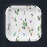 Freeride Snowboarder Snowboarding Illustration  Paper Plate<br><div class="desc">Cool whimsical illustration art of colourful snowboarders,  snowboarding downhill in mountains among pine,  spruce,  fir trees on fresh snow powder. Snowboard and xmas outdoor sport in a winter forest. Snowboarder gifts. Snowboarding Christmas decor.</div>