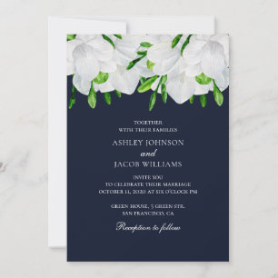 Freesia. White flowers. Navy garden floral wedding Invitation