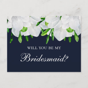 Freesia Will you be my bridesmaid. Floral navy Postcard