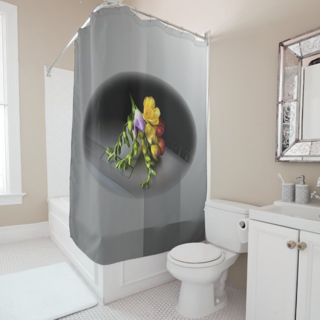 Freesias under spotlight shower curtain (In Situ)