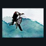 Freestyle BMX Bicycle Stunt Poster<br><div class="desc">A daring bike trick in mid air after riding up a steep ramp jump. Vivid blue colours in a cool and fun artistic painted style. Add a name or business to personalise for extreme bmx enthusiasts,  sport shop owners etc.</div>