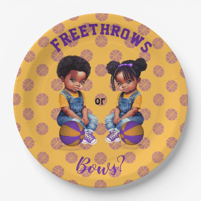 Freethrows or Bows Purple Gold Basketball Boy Girl Paper Plate (Front)