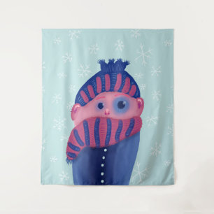 Freezing Kid With Hat And Scarf In Cold Winter Tapestry