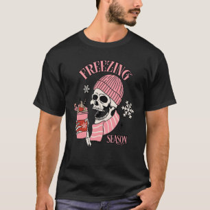 Freezing Season Skeleton Drinking Coffee T-Shirt